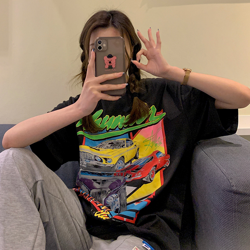 Real shot of 200g pure cotton 2025 spring and summer loose medium-length retro printed short-sleeved T-shirt for women