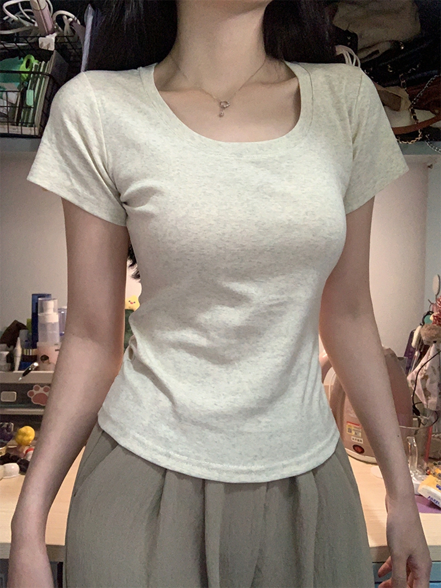 Round neck grey shoulder short-sleeved women's summer new slim fit and sexy hot girls basic T-shirt top