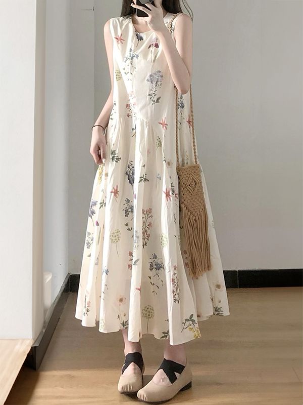 French coffee break sleeveless round neck floral temperament vest dress summer female student loose slim vacation long skirt