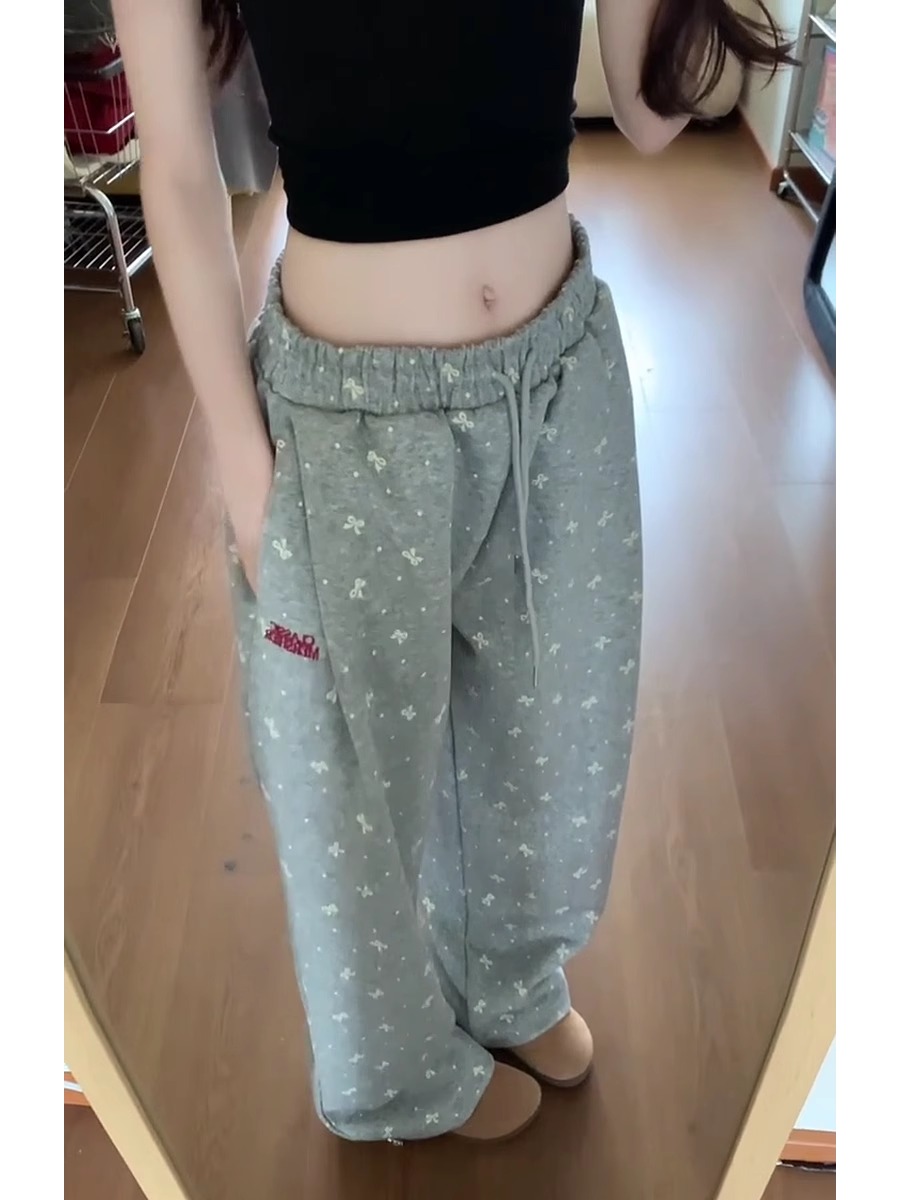 Three-dimensional waist Korean retro bow polka dot wide-leg pants for women in autumn and winter trousers grey sweatpants