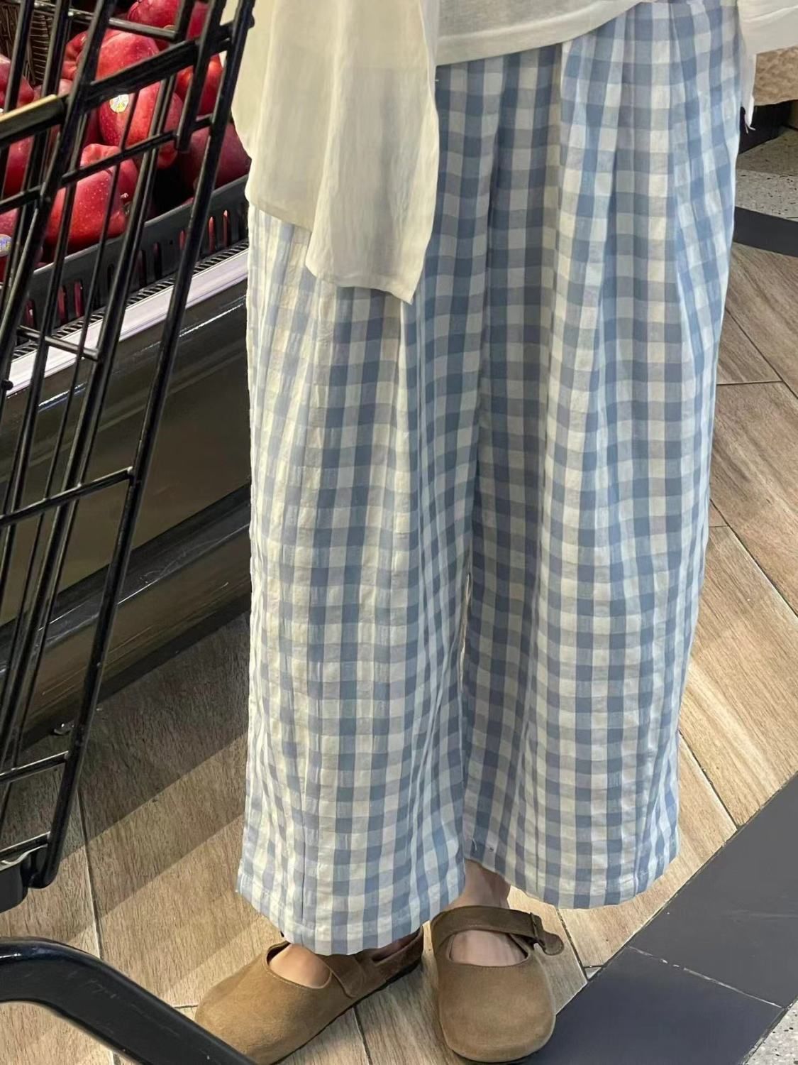 Japanese fresh plaid casual pants elastic waist small summer thin loose wide-leg crest pants walk pants