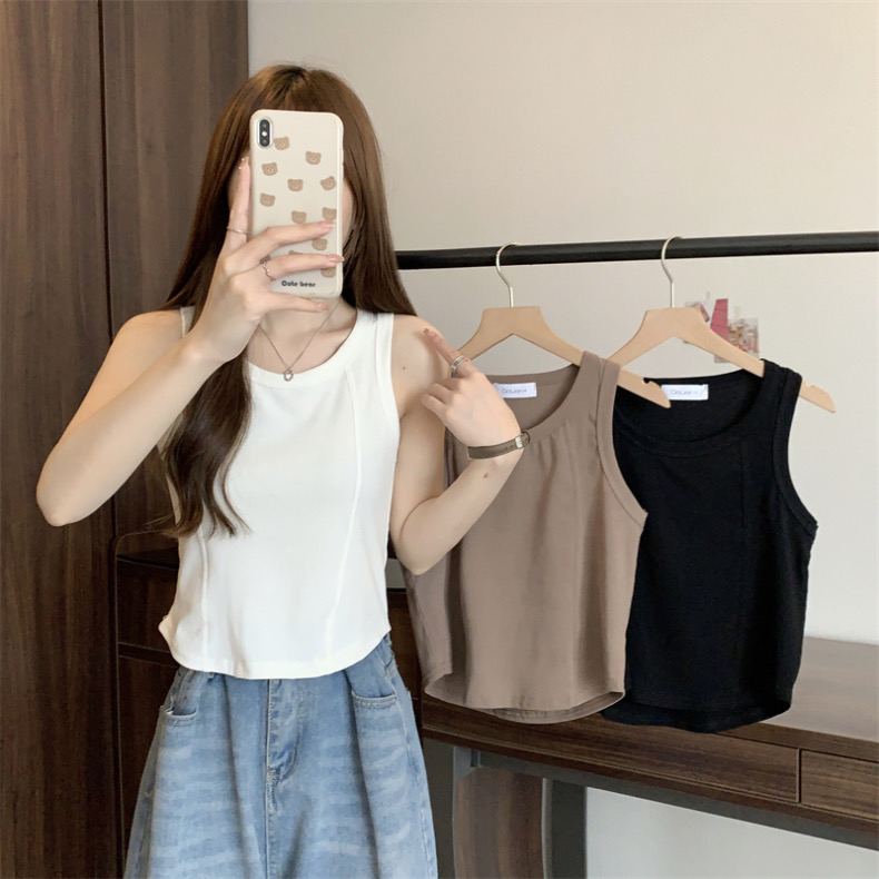 Official picture pure cotton ribbed simple U-neck I-shaped vest for women in summer Korean style design niche slim fit short