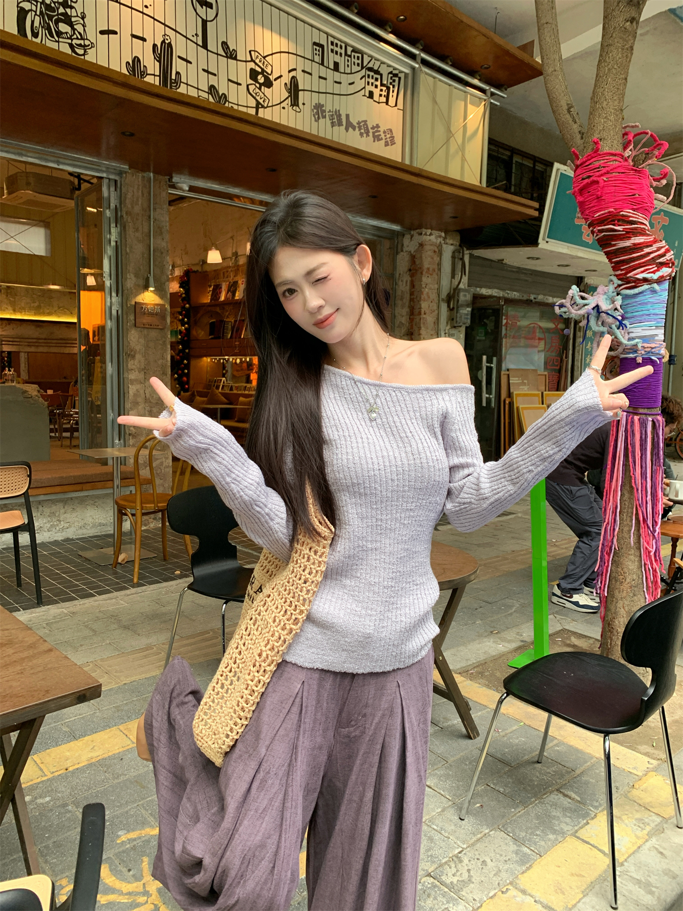 Real shot~ Temperamental art student sleeves slanted shoulder sweater lazy style top wide-leg pants slimming suit