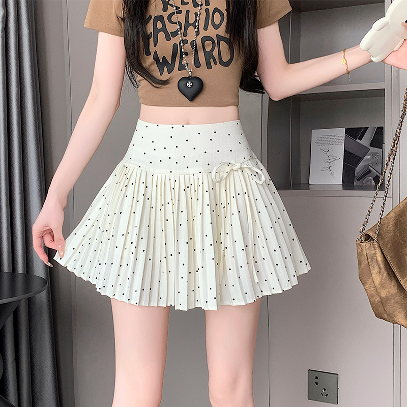 Real shot Polka dot bow pleated skirt Korean style spring and summer temperament versatile anti-exposure A-line short skirt