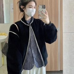 Korean velvet black composite black real super velvet thickened small fragrance jacket for women baseball uniform jacket