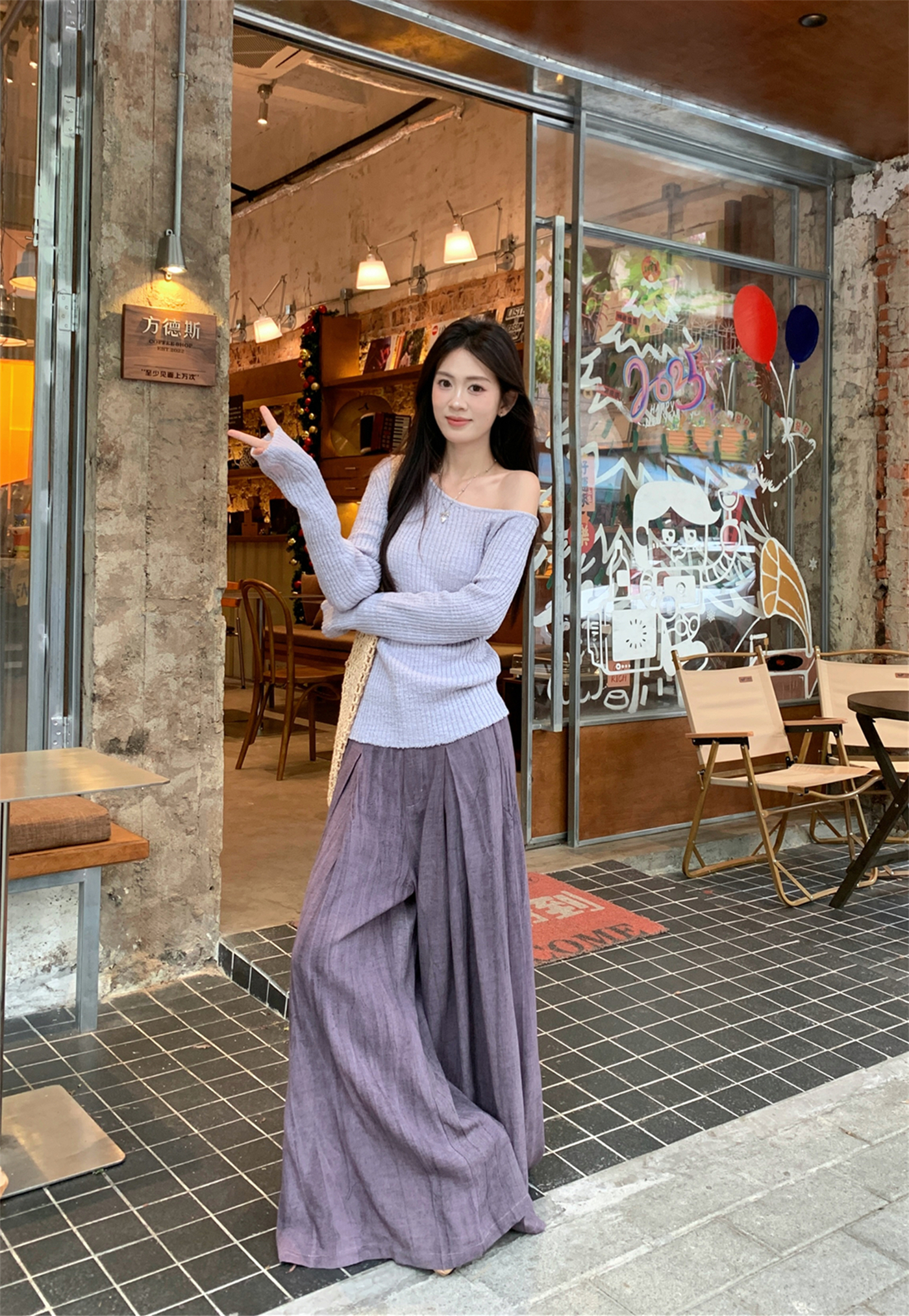Real shot~ Temperament sleeves slanted shoulder sweater lazy style top artistic wide-leg pants slimming suit