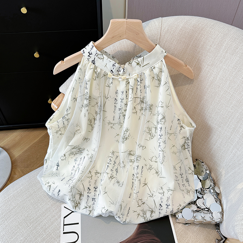 Real shot~ Temperament bow halter neck strap sleeveless chiffon top Chinese style printed suspender vest fashionable shirt