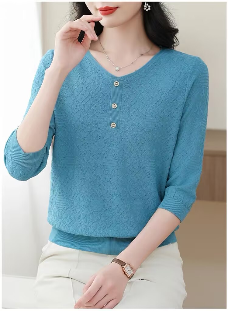 7-quarter sleeve ice silk sweater short-sleeved T-shirt middle-aged mother summer thin style fashionable mulberry silk half-sleeved top