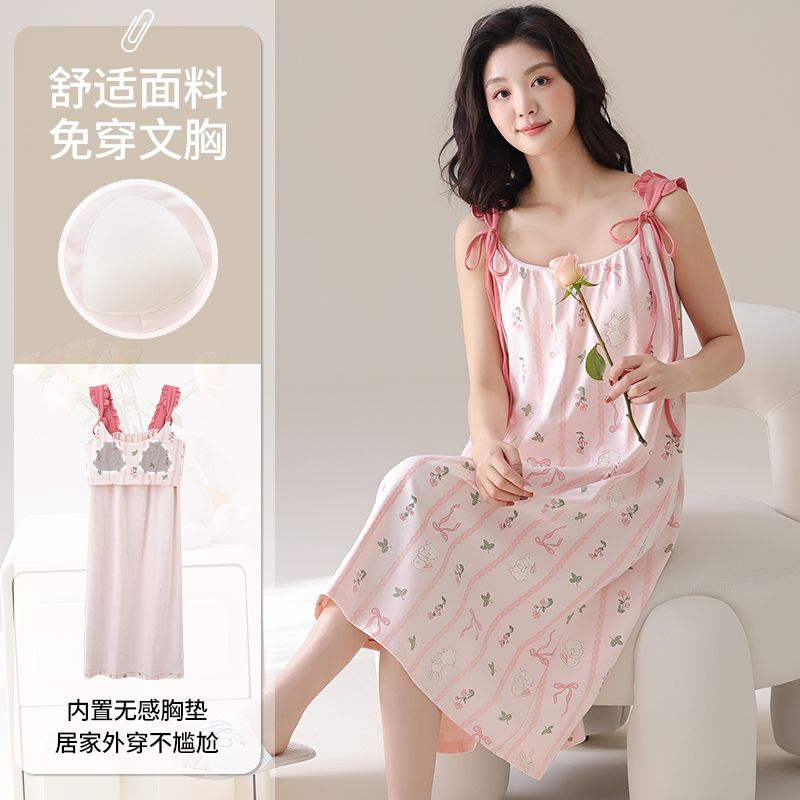 Summer pure cotton with chest pad sexy suspender nightgown ladies home clothes princess style nightgown