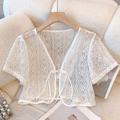 Real photo 2025 new retro button lace shawl sunscreen shirt top