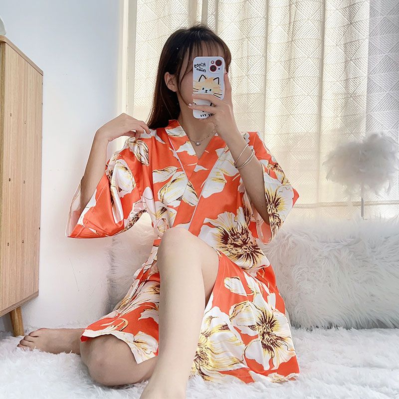 Summer imitation silk quarter sleeve kimono robe women's nightgown home clothes sexy bathrobe live broadcast