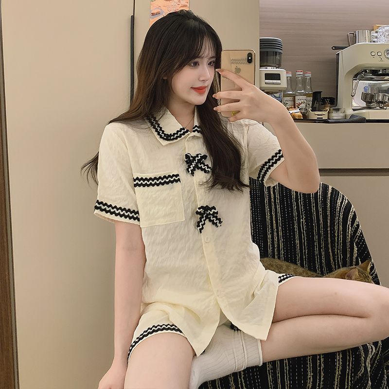 Summer cloud cotton lapel cardigan shorts shorts pajamas women's suit casual home clothes