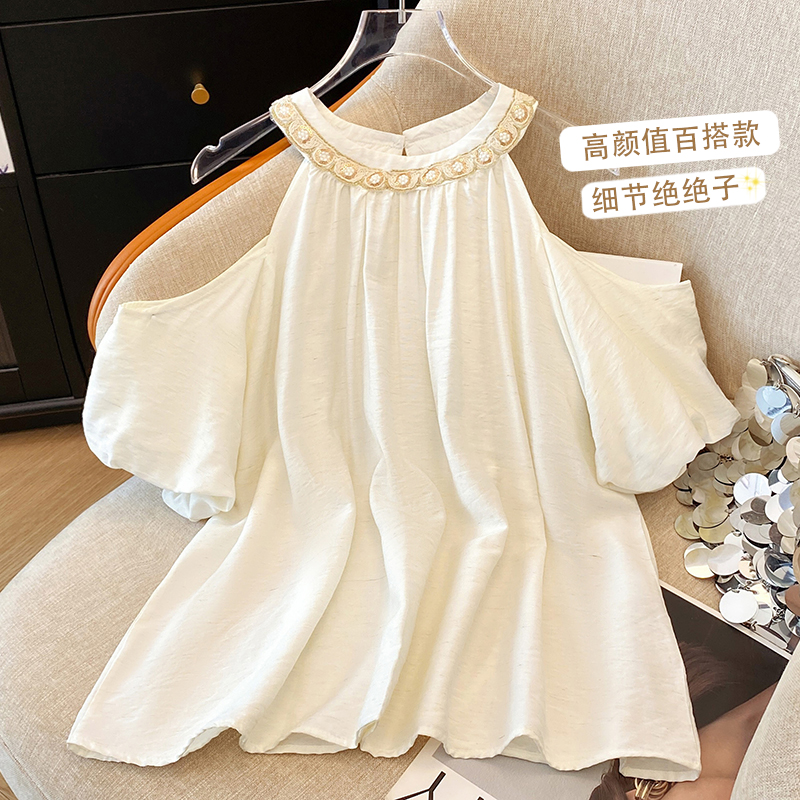 High-end heavy industry beaded collar off-shoulder shirt top for women in summer 2025 new Korean fashion pleated loose shirt
