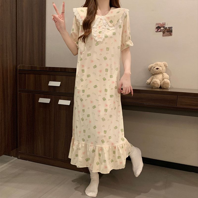 Summer imitation cotton round neck lace lace short-sleeved nightgown female princess style sweet home clothes skirt