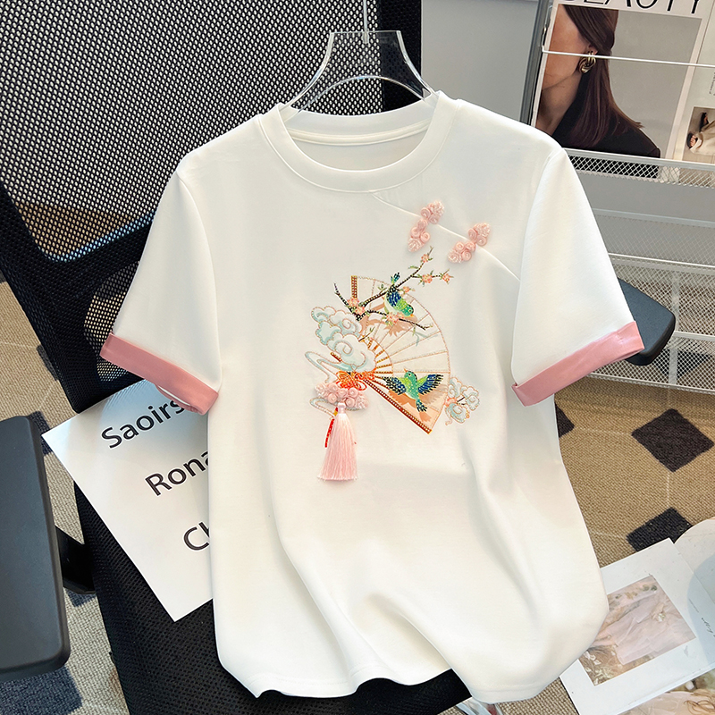 Guofeng Heavy Industry Embroidery Plate Button Round Neck Short Sleeve T-shirt Women's Summer New Design Niche Chic Top