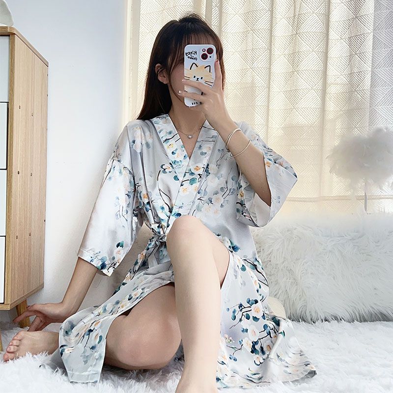 Summer imitation silk quarter sleeve kimono robe women's nightgown home clothes sexy bathrobe live broadcast