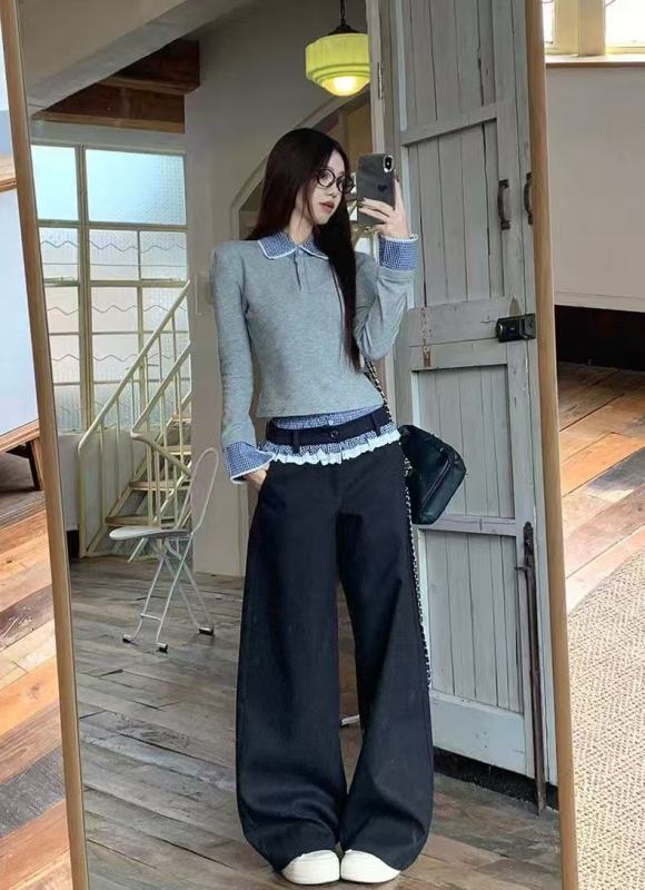 Design-sensing double waist splicing contrasting casual pants for women 2025 spring plaid pattern lace loose slim trousers