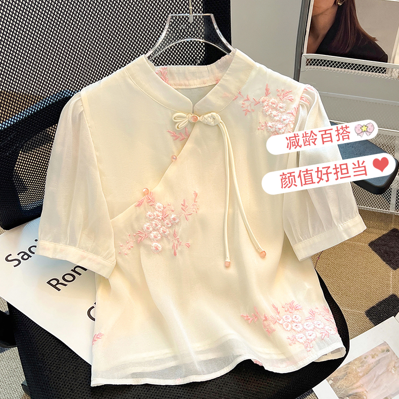 2025 new Chinese style fashionable and elegant embroidered chiffon short-sleeved top