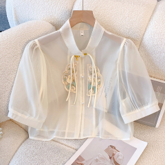 New Chinese style embroidered stand collar button sunscreen shirt for women in summer with suspender skirt top thin sunscreen clothes