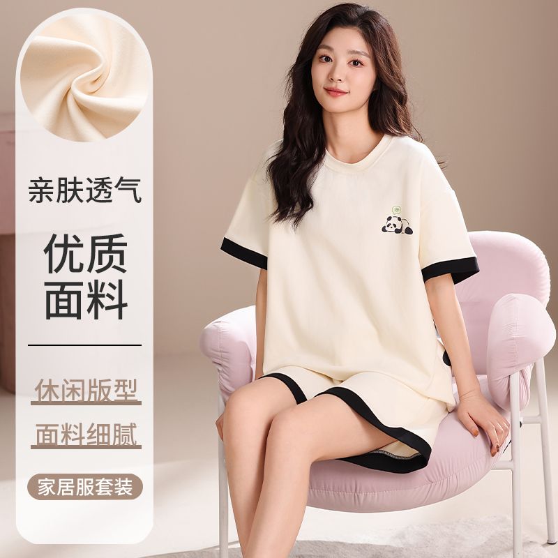 Summer knitted cotton 6535 round neck short sleeve shorts pajamas women's suit casual home clothes
