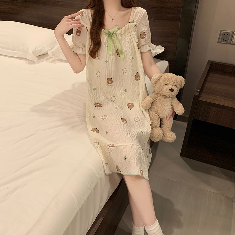 Summer bubbles, zoo cotton with chest pads, one-shoulder short-sleeved nightgown, ladies casual home clothes