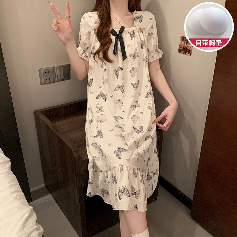 Summer cloud cotton with chest pad one-shoulder short-sleeved nightgown ladies princess style home clothes