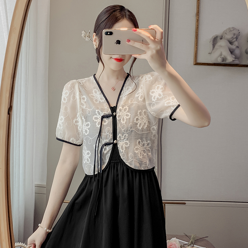 2025 summer Chinese style button cardigan shawl small jacket suspender dress fashion two-piece set women's trendy