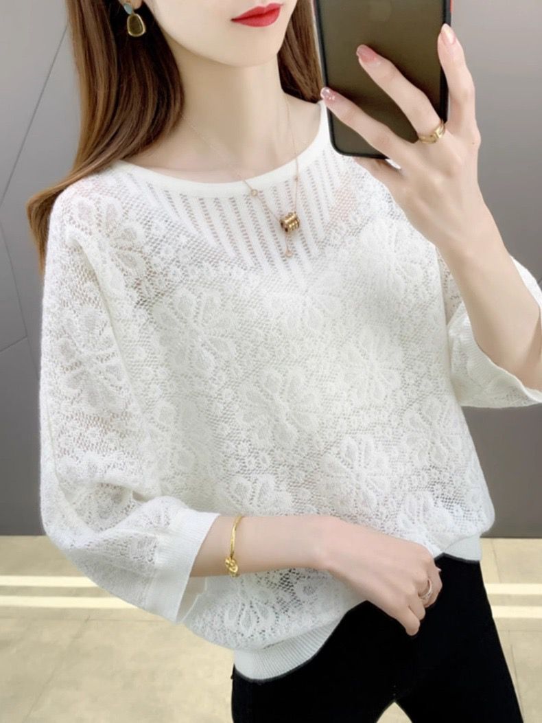 Spring and summer thin hollowed-out three-quarter sleeve sweater for women 2025 new Korean style fashionable loose spring and autumn top