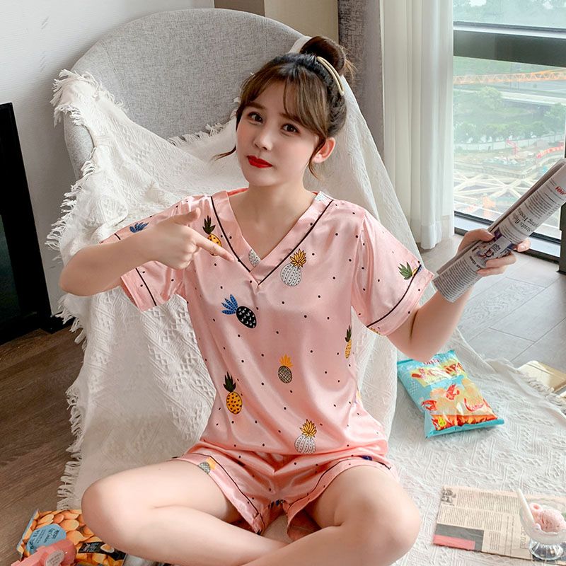 Summer imitation silk V-neck plus fat plus size casual short-sleeved pajamas women's suit home clothes