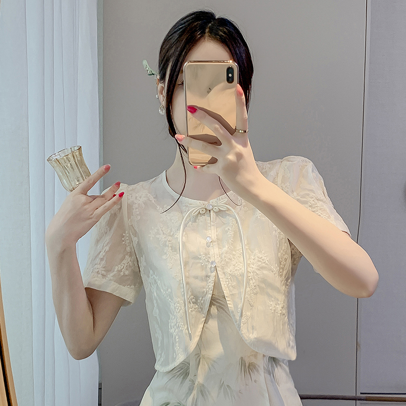 New Chinese style short-sleeved shirt for women in summer with suspender skirt with sunscreen shawl jacket button short top