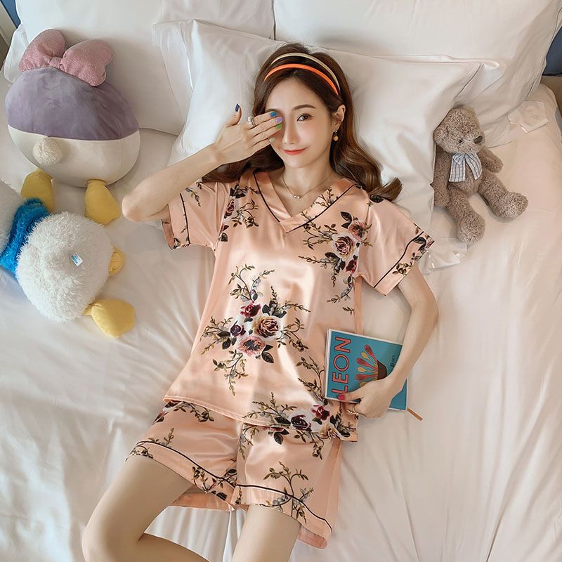 Summer imitation silk V-neck plus fat plus size casual short-sleeved pajamas women's suit home clothes