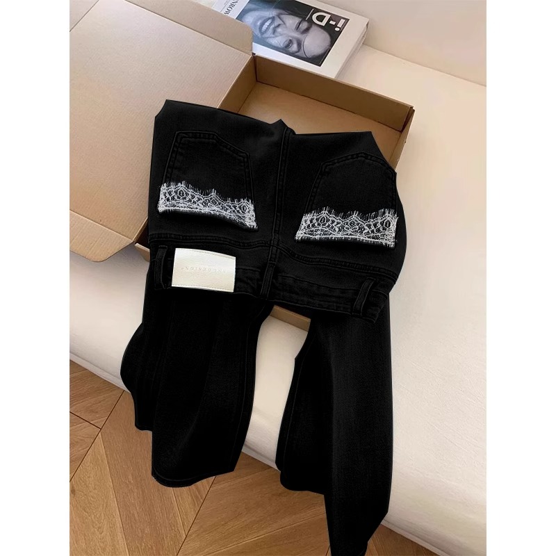 Black lace spliced ​​jeans for women in spring new large size fat m slimming straight versatile wide-leg pants KX