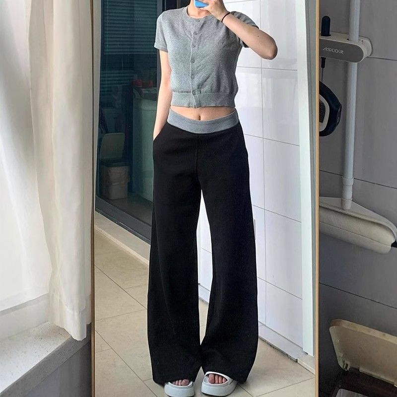 Black spliced ​​sports trousers for women in spring new loose draping slim casual pants straight wide-leg pants floor-sliding pants