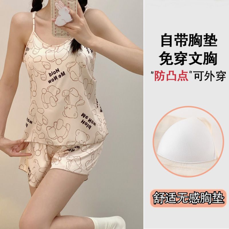 Summer ice and snow ribbon chest pad sexy suspender shorts pajamas women's suit home clothes