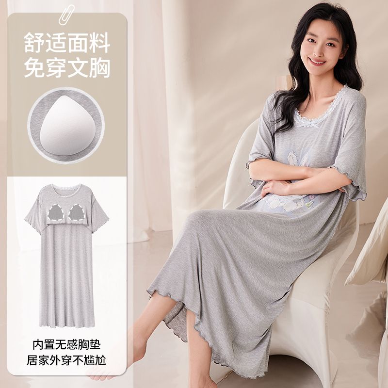 Summer modal sexy short-sleeved nightgown with chest pads for women's home clothes off-shoulder nightgown