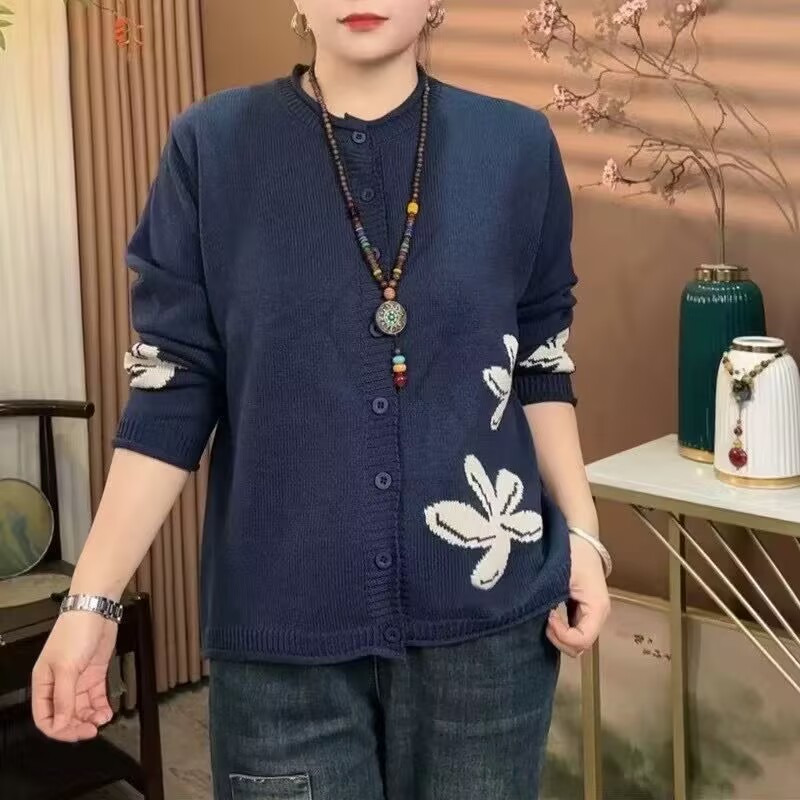 Spring and Autumn Korean version large-size meat-covering embroidered cardigan retro casual sweater jacket for women 2025 new style