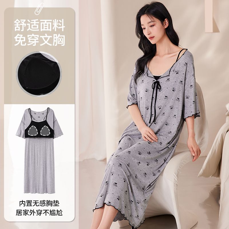 Summer modal sexy short-sleeved nightgown with chest pads for women's home clothes off-shoulder nightgown