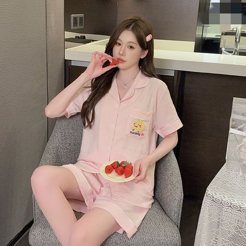 Summer cloud cotton lapel cardigan shorts shorts pajamas women's suit casual home clothes