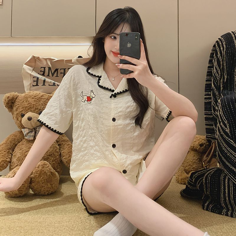 Summer cloud cotton lapel cardigan shorts shorts pajamas women's suit casual home clothes