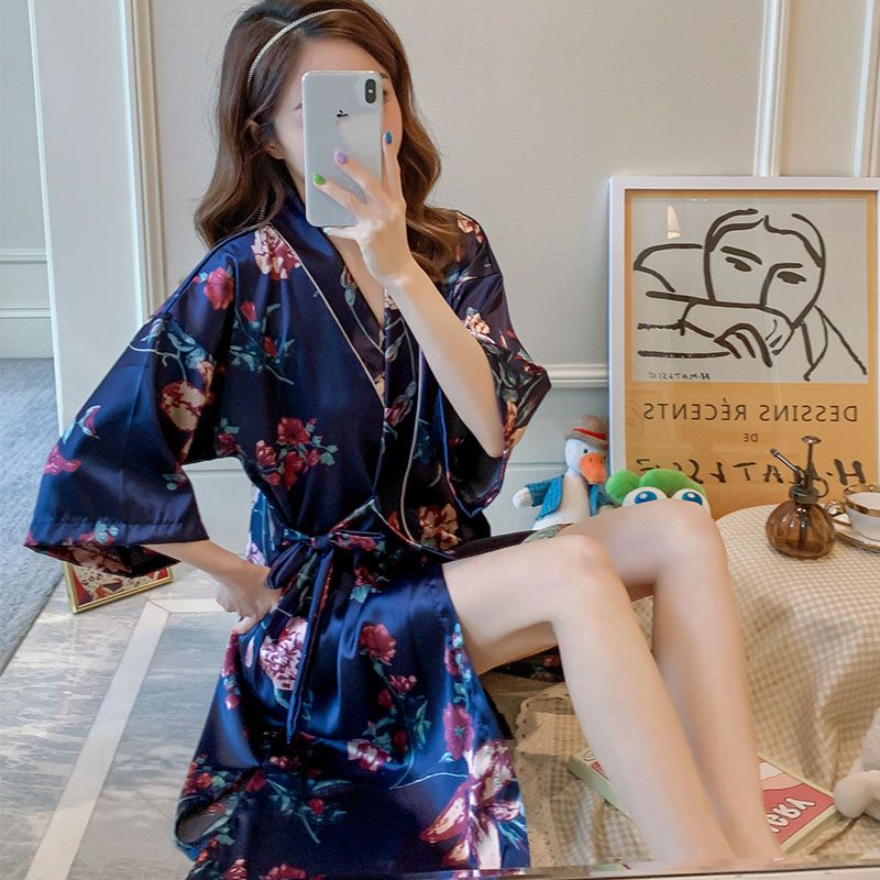 Summer imitation silk quarter sleeve kimono robe women's nightgown home clothes sexy bathrobe live broadcast