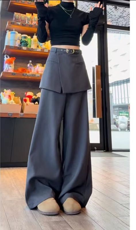 2024# Early autumn new fake two-piece suit trousers skirt design makes you look slim and loose wide-leg casual trousers for women
