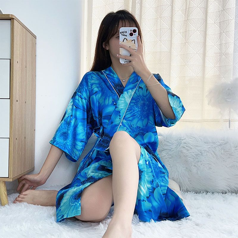 Summer imitation silk quarter sleeve kimono robe women's nightgown home clothes sexy bathrobe live broadcast