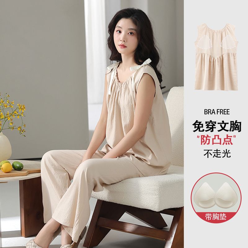 Summer cloud cotton with chest pad sleeveless short-sleeved trousers pajamas women's suit home clothes