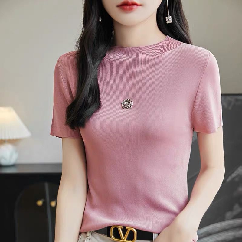 High-end ice silk half high neck short-sleeved T-shirt for women in summer thin inner wear 2025 new slim base shirt top