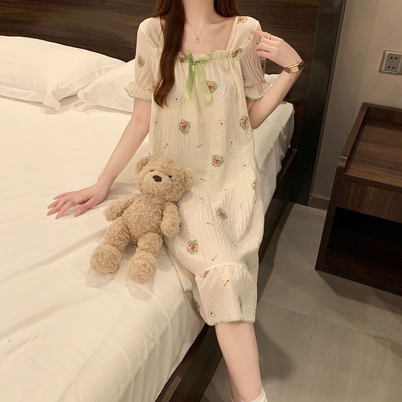 Summer bubbles, zoo cotton with chest pads, one-shoulder short-sleeved nightgown, ladies casual home clothes