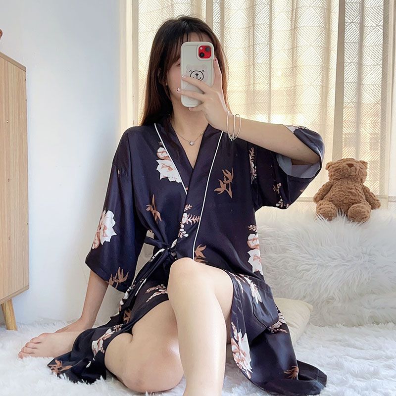 Summer imitation silk quarter sleeve kimono robe women's nightgown home clothes sexy bathrobe live broadcast