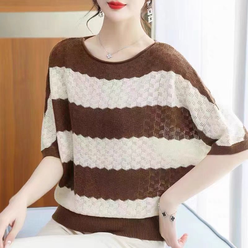 Ice silk short-sleeved women's T-shirt 2025 new summer bat shirt striped knit sweater bat fashion top shirt