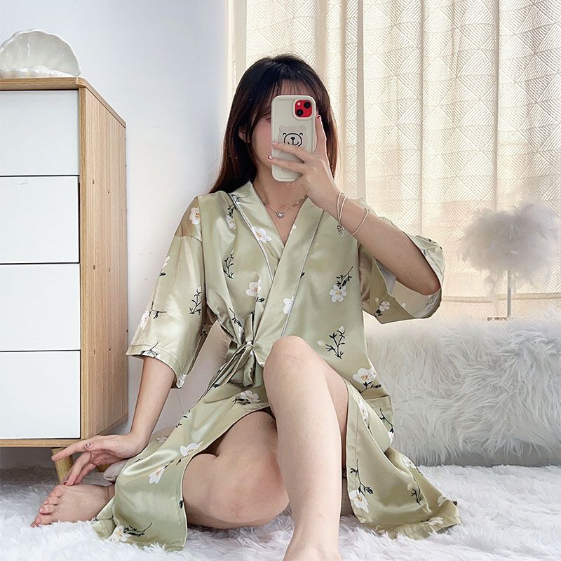 Summer imitation silk quarter sleeve kimono robe women's nightgown home clothes sexy bathrobe live broadcast