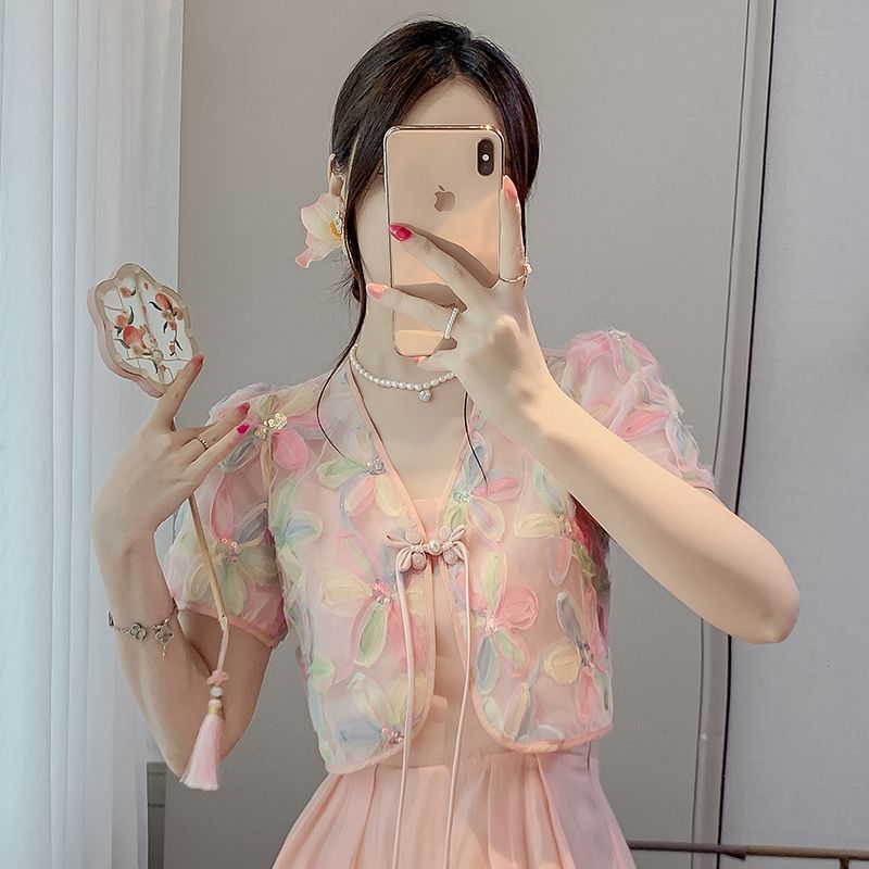 Real shot 2025 summer new Chinese style Chinese style buckle embroidered shawl flared sleeves with suspender skirt top