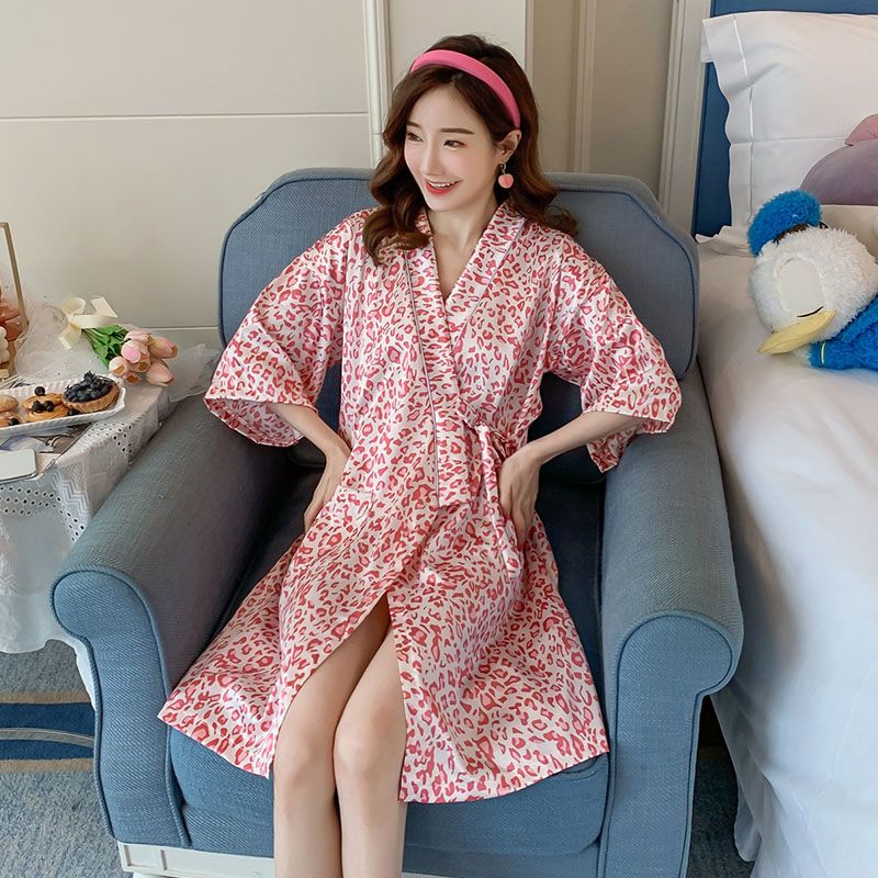 Summer imitation silk quarter sleeve kimono robe women's nightgown home clothes sexy bathrobe live broadcast